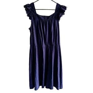 Talbots Women's L Navy Dress Eyelet Flutter Sleeve Square Neck Textured Fabric